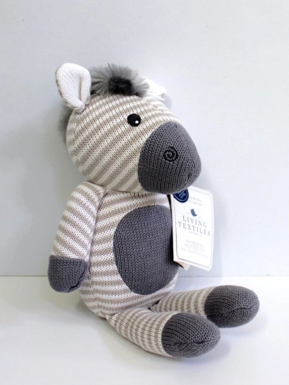Living Textiles Australia Zac Zebra Whimsical Knit Plush Toy Lovey Rattle Doll